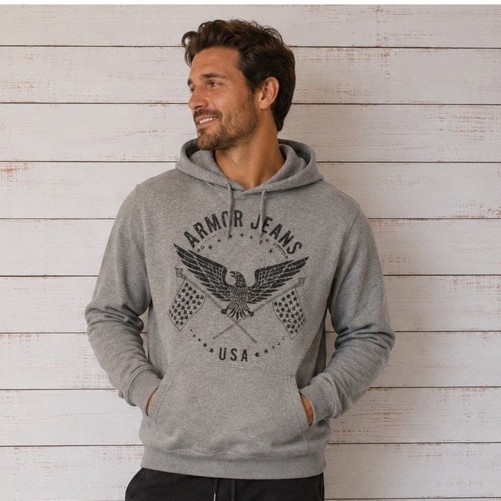 Armor Jeans USA Eagle Graphic Hoodie Gray Pullover Mens M NWT